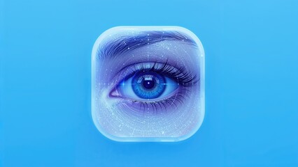Eye scan represented in a 3D rendered image. Clean and simple icon ideal for digital platforms. Trendy modern design with a blue background.