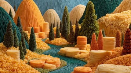Pasta Landscape Hills, trees & river. Food art for restaurant or culinary promo