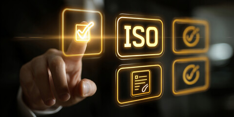 ISO standards quality control, Certification and standardization process, iso certified business, conformity to international standards and quality assurance concept. Person touching certificate icon