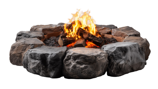 Stone fire pits with burning wood isolated on transparent background