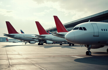 Obraz premium Passenger airplanes parked on airport tarmac with cloudy sky in background