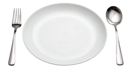 Empty dining plate with fork and spoon on a white isolated background.