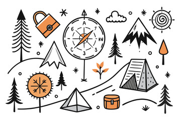 Hand Drawn Camping Icons and Elements Featuring Tents Mountains Trees Compass and Other Outdoor Adventure Symbols on a White Background for a Fun and Playful