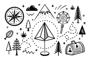Hand Drawn Camping and Outdoor Adventure Icons Illustration featuring tent compass mountain trees and other elements in a playful and whimsical style black and white