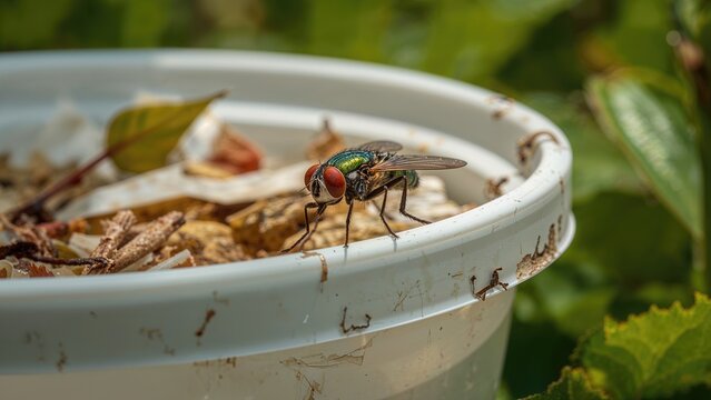 Green fly with crimson eyes sitting atop a leftover food box - Powered by Adobe