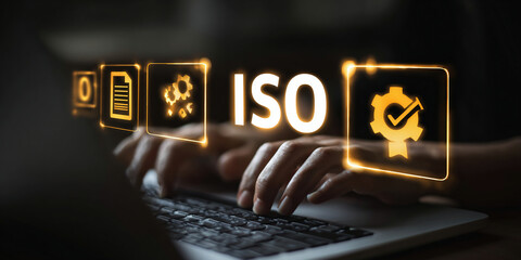 ISO standards quality control, Certification and standardization process, iso certified business, conformity to international standards and quality assurance concept. Person touching certificate icon