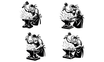Fototapeta premium Blacksmith forging metal illustration of industrial worker with hammer and anvil in black and white design 