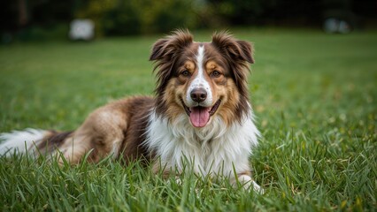 A lovable sheepdog lying down on grassy ground with tongue hanging out