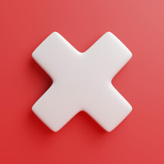 3D White Cross Symbol Top View on Red Background