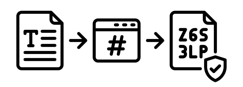 Text hashing process icon. Line icon. Vector icon with editable stroke. Isolated on transparent background.