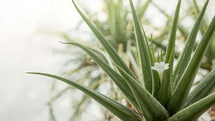 Medical Aloe Arborescens Plant with Triangular Leaves, White Blooms, and Water Accents in Nature