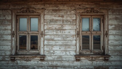 Rustic wooden windows showcasing detailed carved patterns and peeling paint