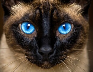 Close-up of a Siamese cat's face. Intense blue eyes