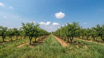 Obraz premium Orchard of citrus trees organized geometrically, set against a vivid blue sky and rich soil