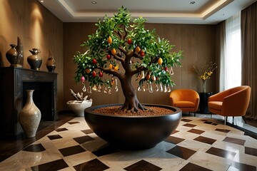  Elegant Indoor Living Room with Artistic Tree Display