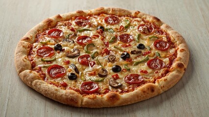 A slice topped with spicy sausage, black olives, fungi, and sweet peppers