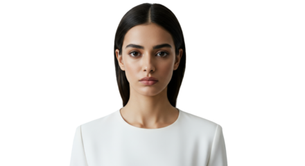 Serious young woman with long hair in white top png isolated on transparent background