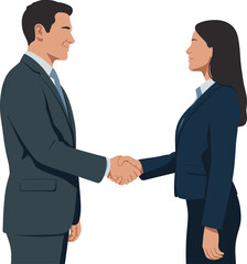 Illustration of business man and woman shaking hands wearing suits on a white background image scene