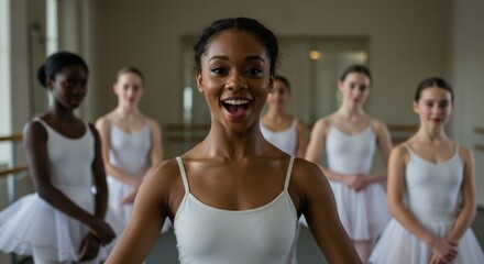 Smiling ballerina in front of group of dancers