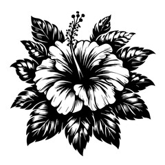 Black and White Hibiscus Flower and Leaves