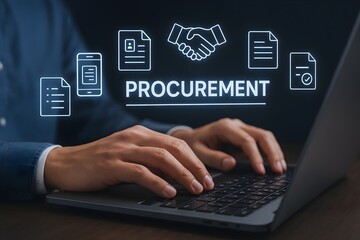concept of modern procurement, with a user interacting with a laptop and a digital representation of supply chain and purchasing processes.