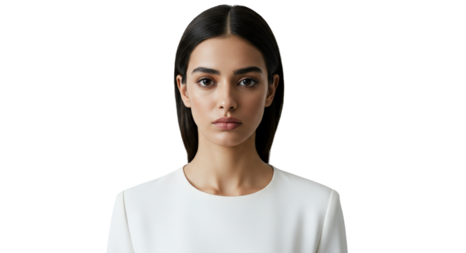 Serious young woman with long hair in white top png isolated on transparent background - Powered by Adobe