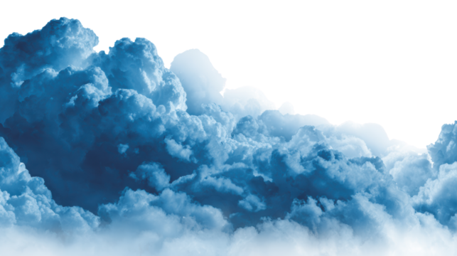 Fluffy clouds in various shades of blue against a white isolated background.