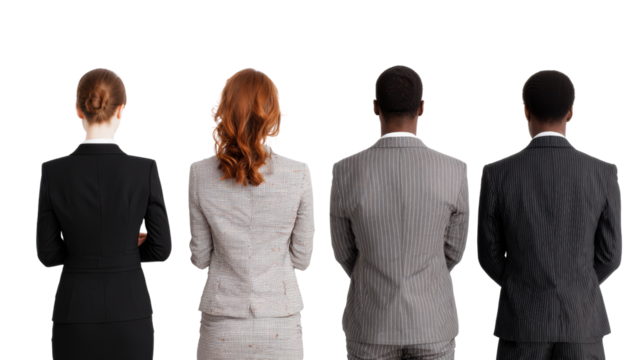 Four professionals standing back to camera, wearing formal attire, isolated on white background.