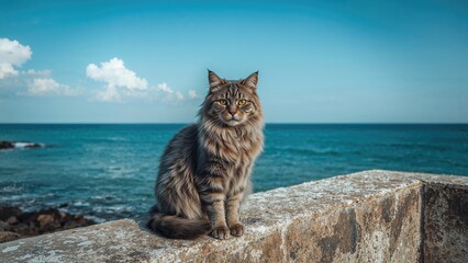 Obraz premium On a coastal wall, a cat enjoys the sunny beach atmosphere