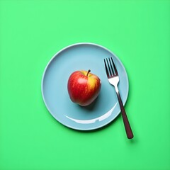 A vibrant red apple sits on a blue plate against a bright green background, accompanied by a fork, creating a simple yet striking still life composition.