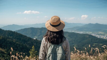 Back view of a joyful Asian woman traveler in summer hat admiring nature