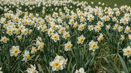 Fototapeta premium Bright yellow daffodils in full blossom blanket a lively green field.