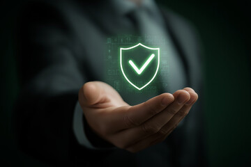 hand holding a virtual shield with a checkmark and business icons on a dark background