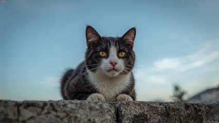 Elegant street feline in black and white resting on a wall, facing away from the camera, front angle.