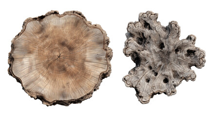 Obraz premium Tree stump top view and side view isolated on white background