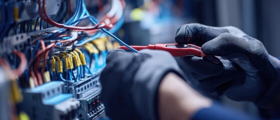 The technician working on electrical connections in a control panel environment.
