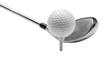 Golf club and ball isolated on white, showcasing equipment for golfing enthusiasts