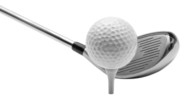 Golf club and ball isolated on white, showcasing equipment for golfing enthusiasts