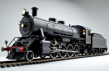 Fototapeta premium Model steam locomotive with black body and red accents on a railway track against a plain background