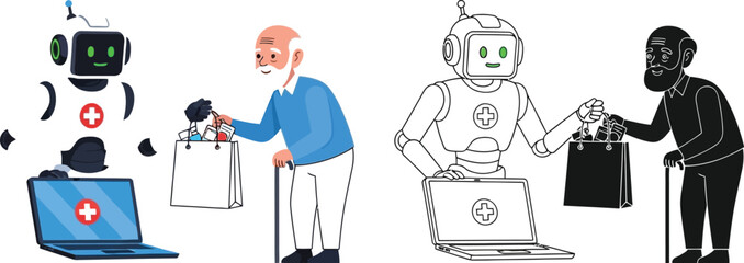 Robot assisted living healthcare concept of elderly care with ai robot delivering medicine to senior man
