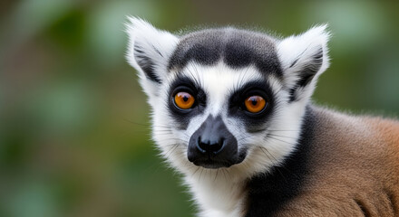 Fototapeta premium Ring Tailed Lemur Face Close Up with Orange Eyes and Soft Green Background