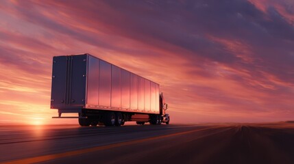 The truck traversing a serene highway at sunset against a colorful sky.