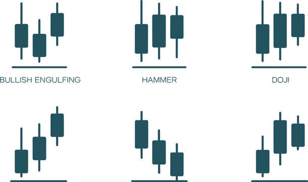 Illustration showing bullish engulfing hammer and doji candlestick patterns on a light background