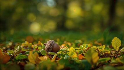 Acorn resting on a bed of leaves with natural surroundings