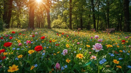 A lively and diverse garden of flowers bathed in sunlight within a forest setting