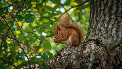Obraz premium Nut-eating red squirrel perched on a tree branch.
