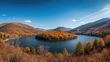 Clear sunny weather highlighting a serene lake in the highlands with trees dressed in autumn shades under radiant sunlight and an immaculate sky. Lakeside panorama.
