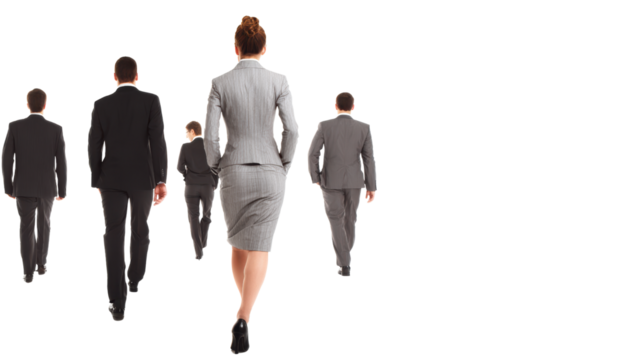 Group of business people walking away, white isolated background.