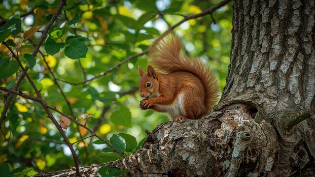 Nut-eating red squirrel perched on a tree branch.