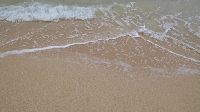 Soft ocean wave with white foam on a golden sandy beach.Close-up of a gentle sea surf washing over the clean sand.Seashore scene with a calm, foamy wave rolling onto the wet sand